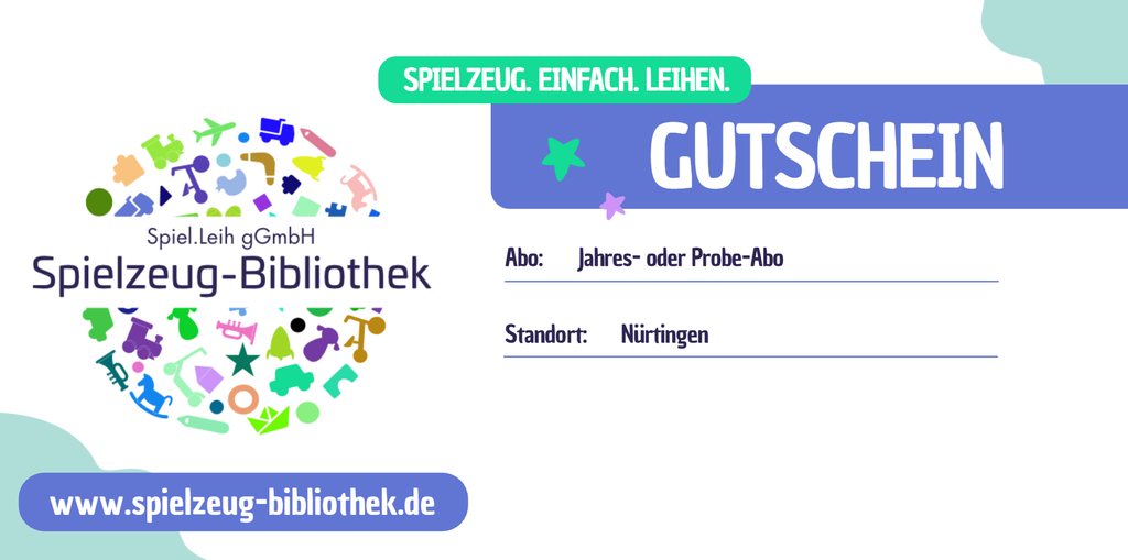 Gutschein zur Spielzeug-Bibliothek. Geschenk für Kinder von 0-7 Jahren